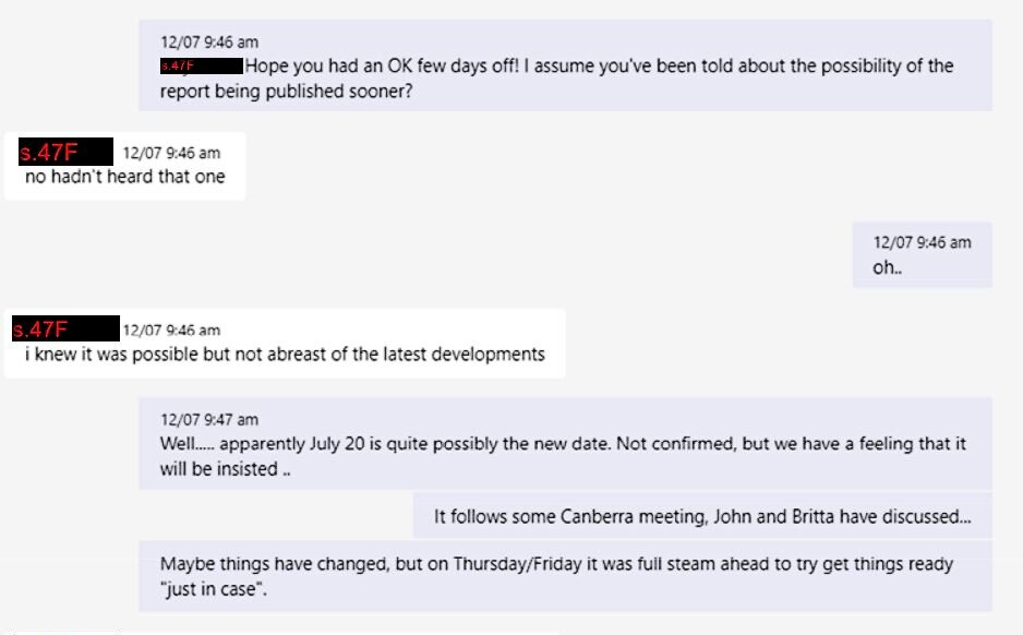 A screenshot of a Teams chat, where one party informs the other there's a "possiblity of the report being published earlier".