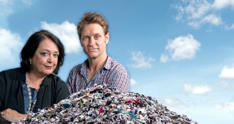 Promotional image of Wendy Harmer and Craig Reucassel standing near a pile of garbage for War on Waste