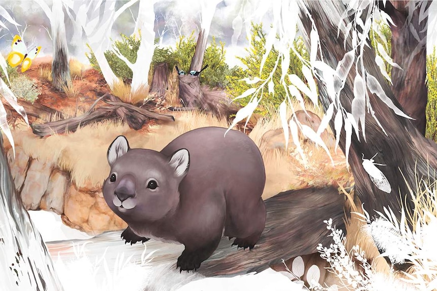 A screen shot from a three dimensional video game showing a wombat interacting with a goanna.