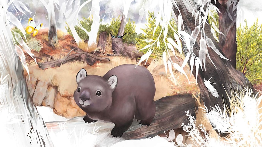 A screen shot from a three dimensional video game showing a wombat interacting with a goanna.