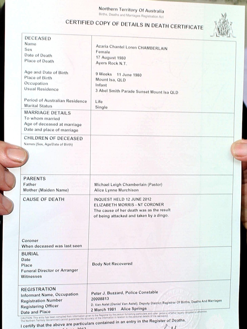 Azaria Chamberlain's death certificate.