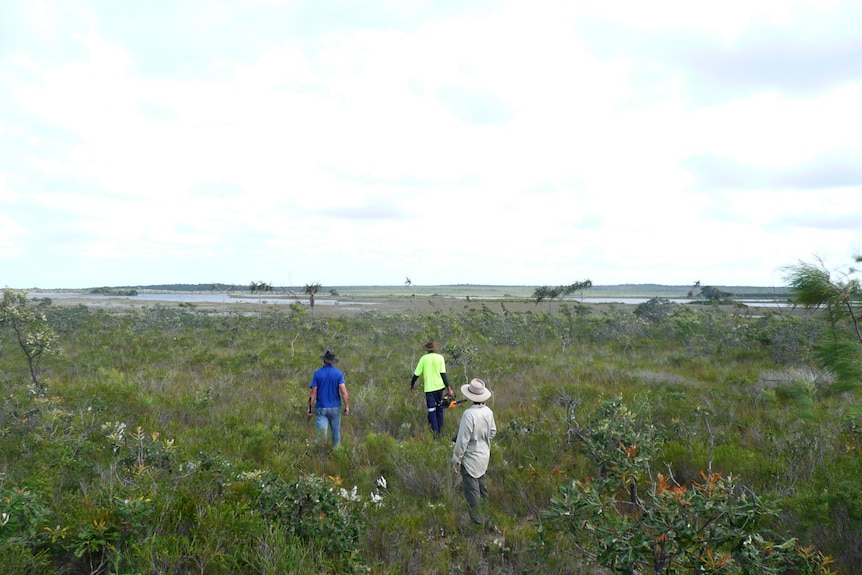 Three people walk across heathland to a lagoon in the distance