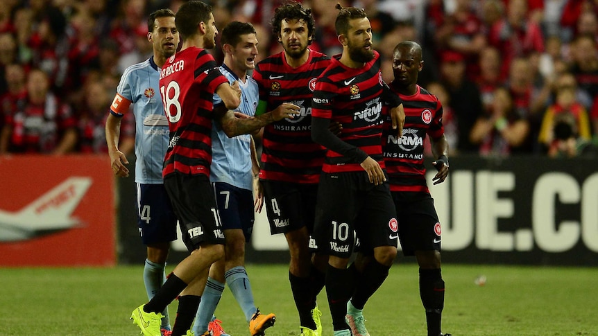 The Wanderers' Vitor Saba leaves the field after his send-off against Sydney FC.