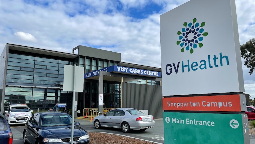 A sign that says Goulburn Valley health in front of an entrance to a hospital
