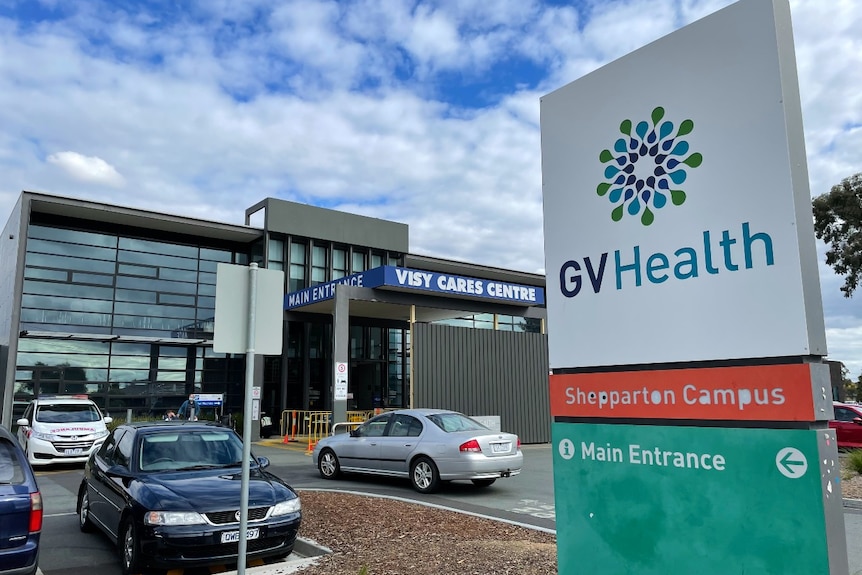 A sign that says Goulburn Valley health in front of an entrance to a hospital