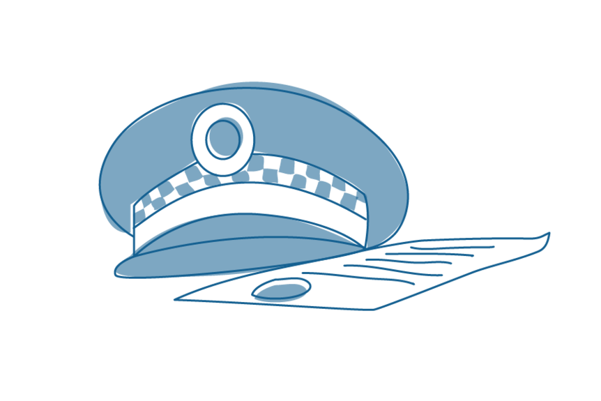 Line drawing of police hat and paper fine.