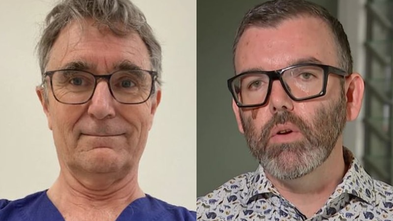 two men, one on left smiling in blue shirt, one on right in floral shirt and dark-rimmed spectacles with a beard