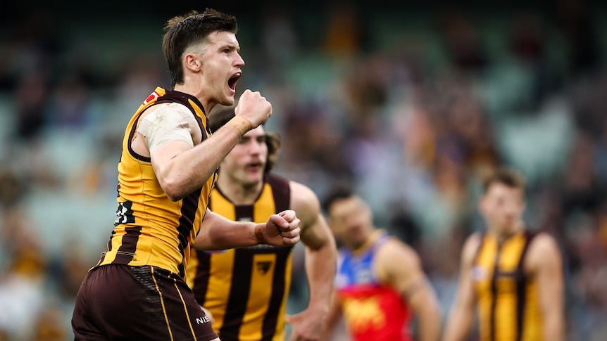 A Hawthorn AFL player pumps his fist in celebration as he watches his kick go through for a goal.