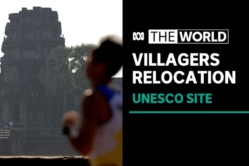 Villagers Relocation, Unesco Site: A man jogs in the foreground with a large ornate temple in the background.