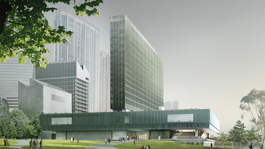 Colour architectural illustration of M+ art museum in the West Kowloon Cultural District of Hong Kong.