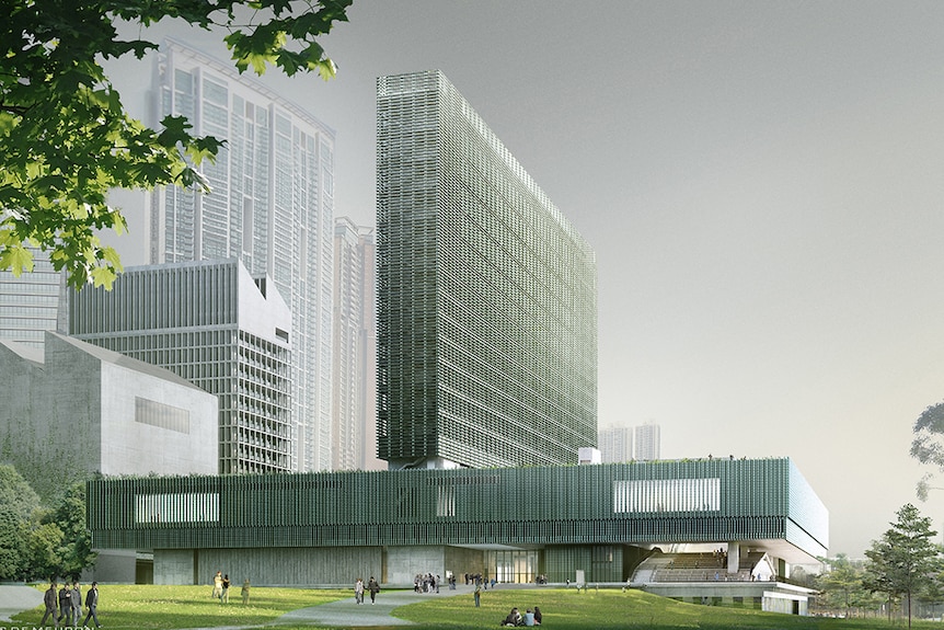 Colour architectural illustration of M+ art museum in the West Kowloon Cultural District of Hong Kong.
