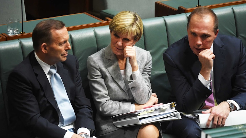 Dutton, Bishop, Abbott during Question Time in the Parliament