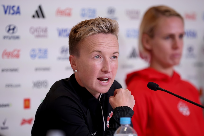 Bev Priestman speaks to the media during Canada's press conference in Melbourne