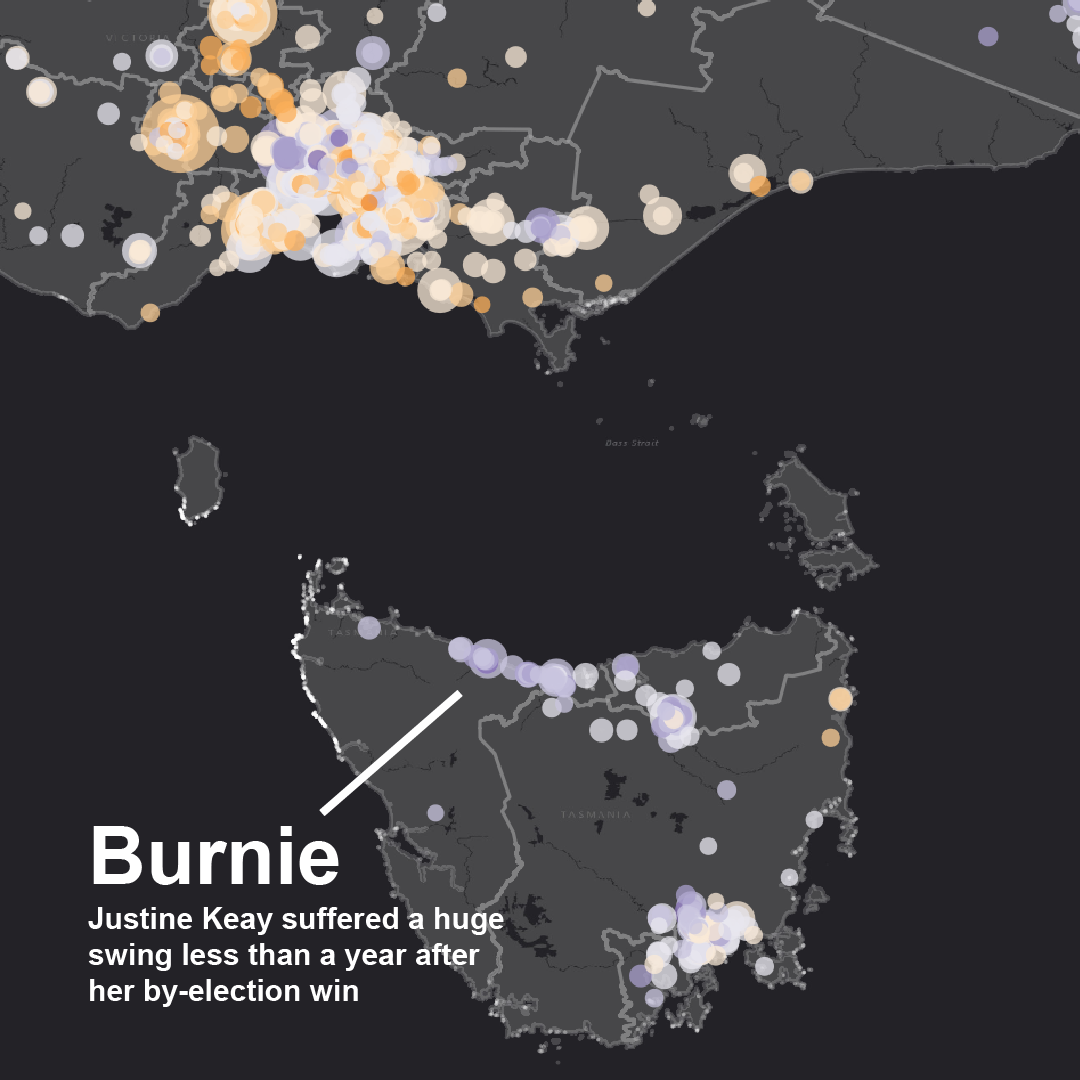 Chart showing swings of booths away from Labor in Tasmania