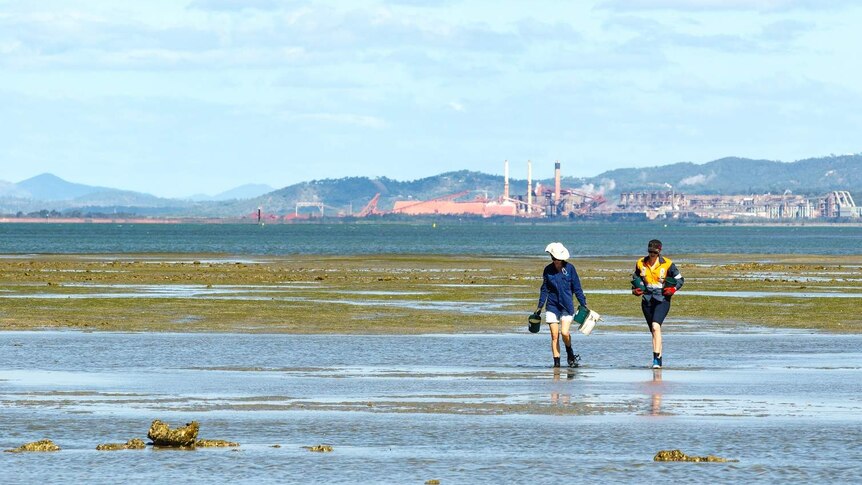 Two people walk on a coastal flat covered in sea grass with an industrial port in the background.