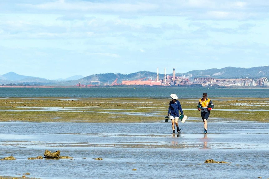 Two people walk on a coastal flat covered in sea grass with an industrial port in the background.