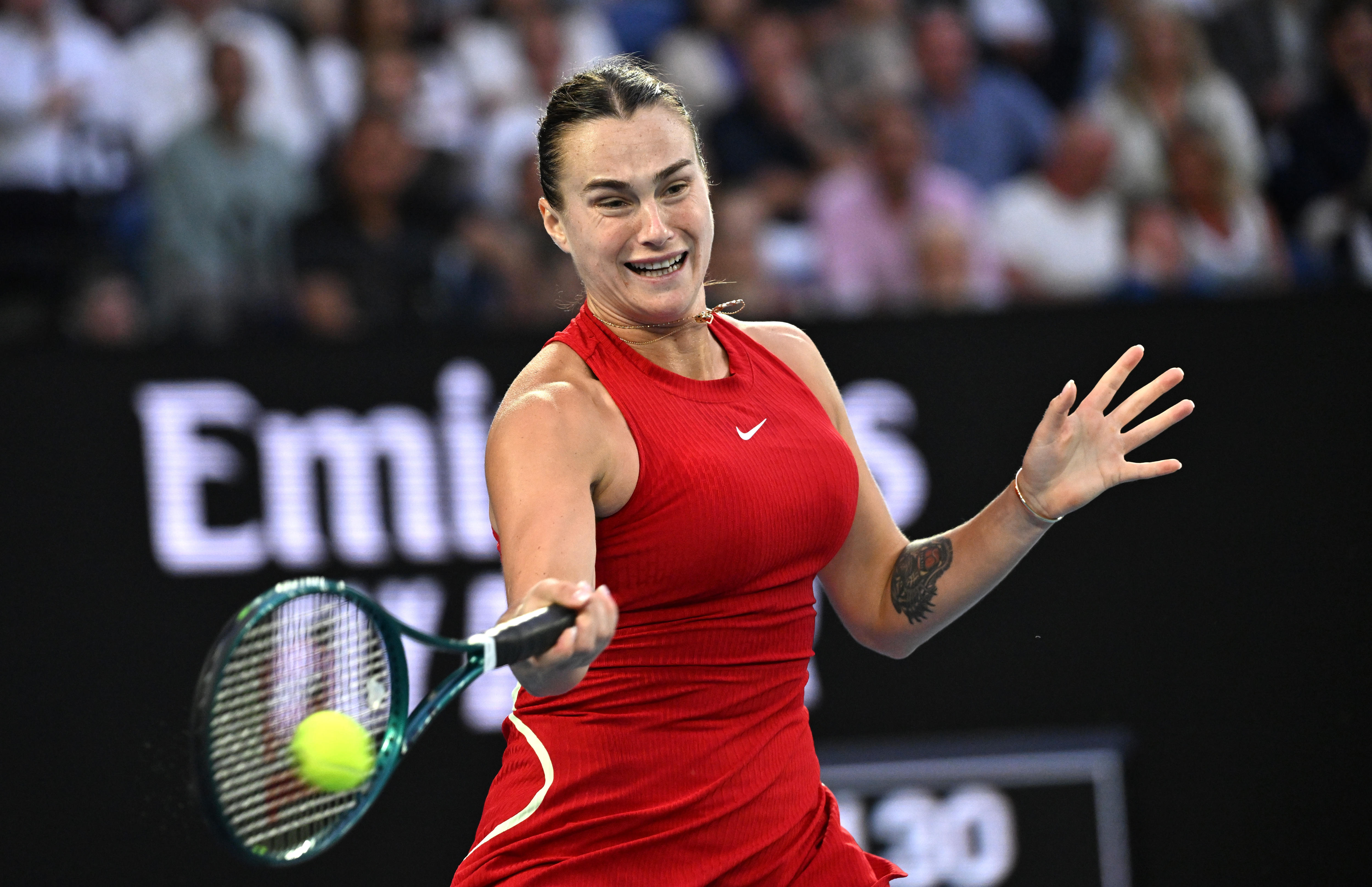 Aryna Sabalenka hits a forehand during the 2024 Australian Open final.