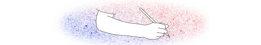 sketch of a child's hand and arm to elbow holding a pen