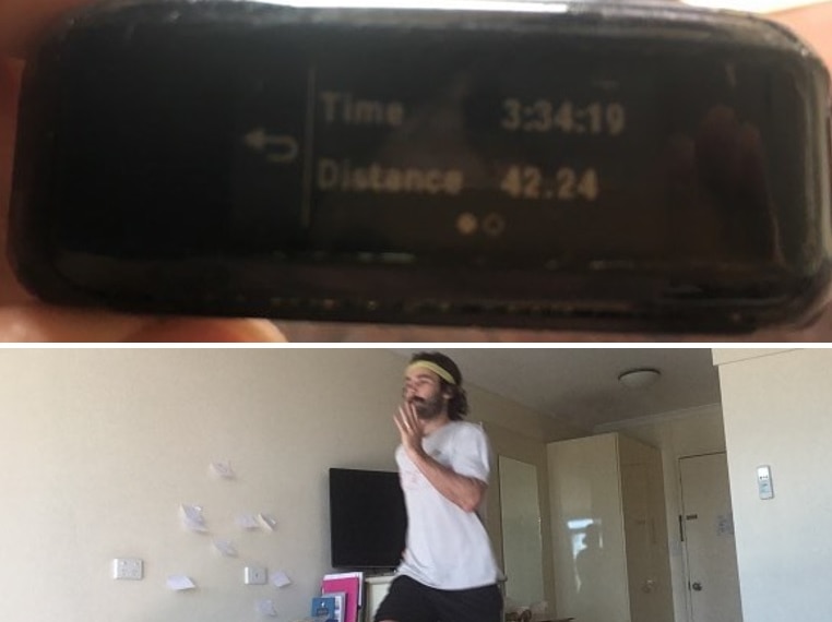A man running in side a hotel next to a picture of his watch showing the distance.