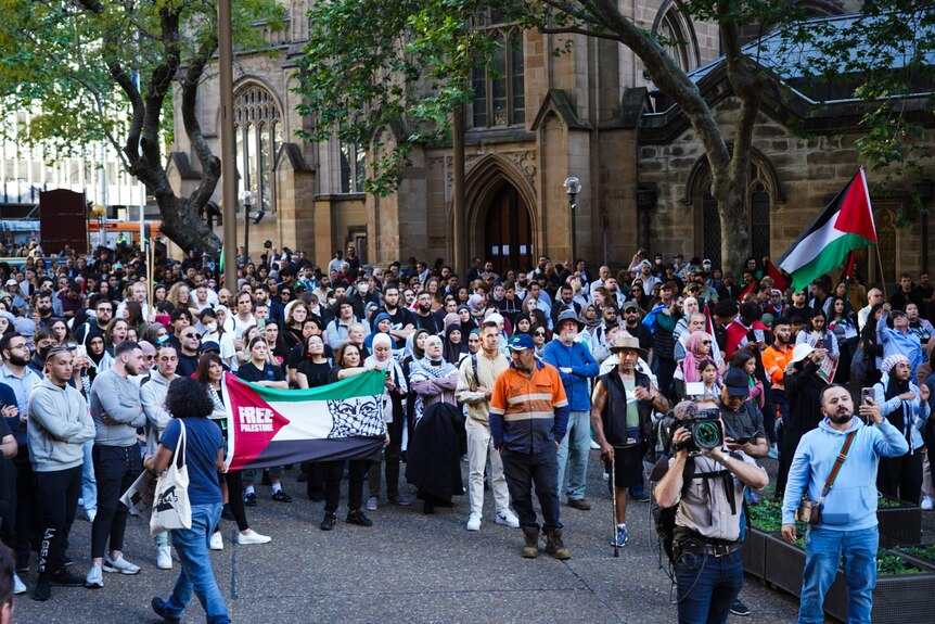 Pro-Palestinian supporters gathered for a rally at sydney's  town hall on monday october 9
