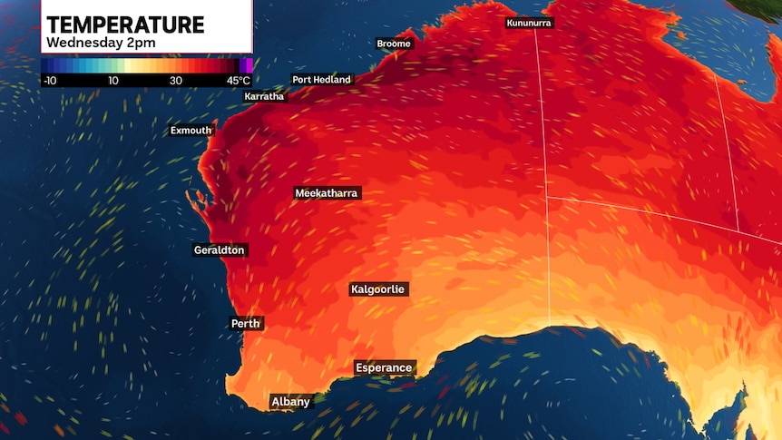 A graphic image of WA, with red for hotter temperatures and orange and yellow for cooler.