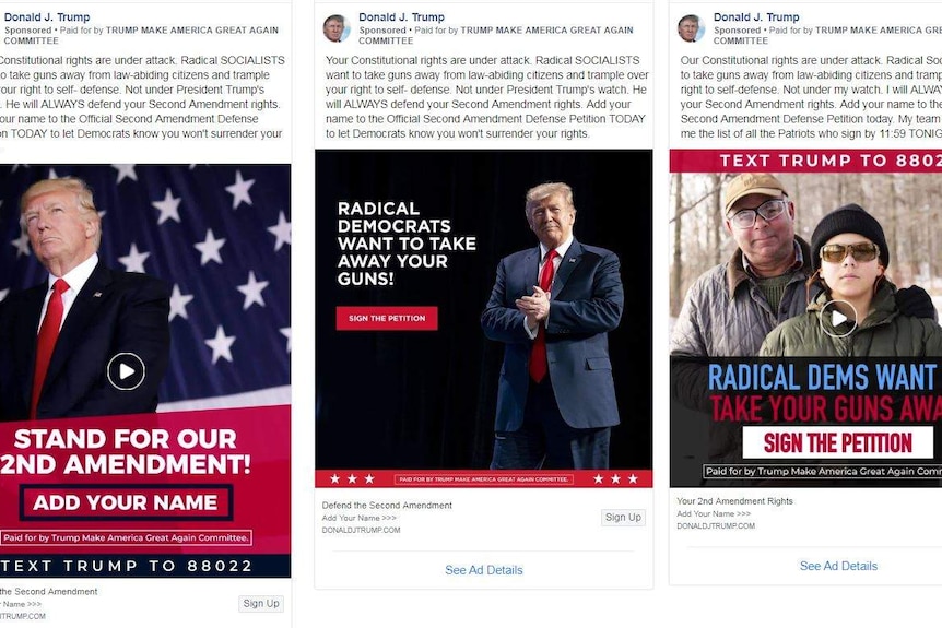Three differently-styled Trump Facebook ads, two saying "Democrats want to take your guns away"