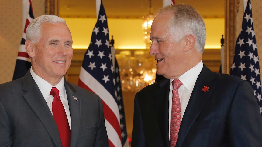 US Vice President Mike Pence meets with Australia's Prime Minister Malcolm Turnbull at Admiralty House in Sydney, Saturday, April 22, 2017.