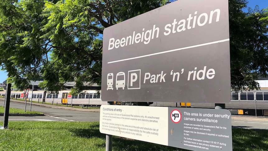 Beenleigh park and ride carpark sign and train station, south of Brisbane on February 4, 2018.