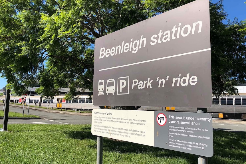 Beenleigh park and ride carpark sign and train station, south of Brisbane on February 4, 2018.