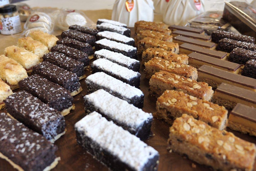 An array of cakes and slices.