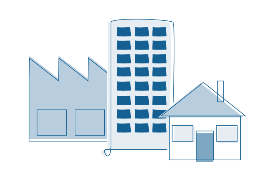 Illustration of a factory, a block of apartments and a house.