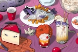 Cartoon of a messy party table featuring anthropomorphised cheese, drinks and a fish with sunglasses on