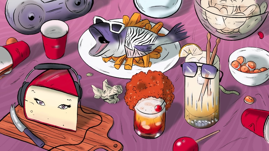Cartoon of a messy party table featuring anthropomorphised cheese, drinks and a fish with sunglasses on