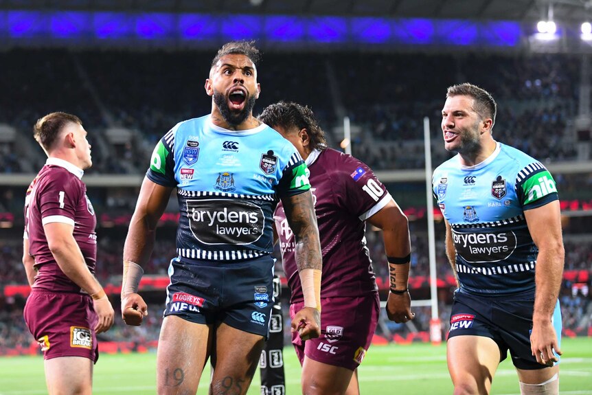 Josh Addo-Carr holds his hands by his side and opens his mouth in a scream