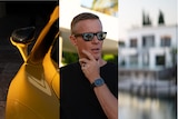a composite image with three panels: a sports car, Troy Hunt wearing sunglasses and a waterfront house.