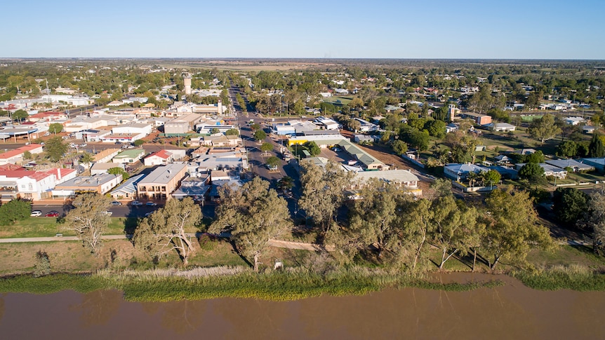 The Southern Queensland town of St George from the air with the Balonne River in the foreground, May 2019.