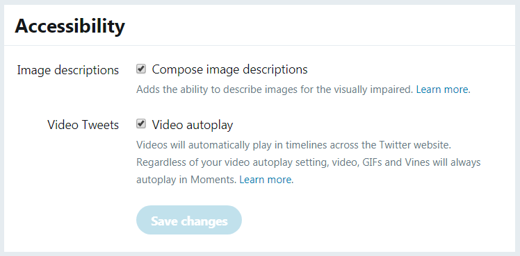 A screenshot of the Accessibility window on Twitter.