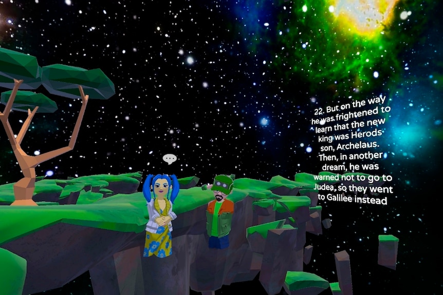 A screenshot of a virtual reality service featuring a two avatars of a man and a woman standing in space with a bible verse.