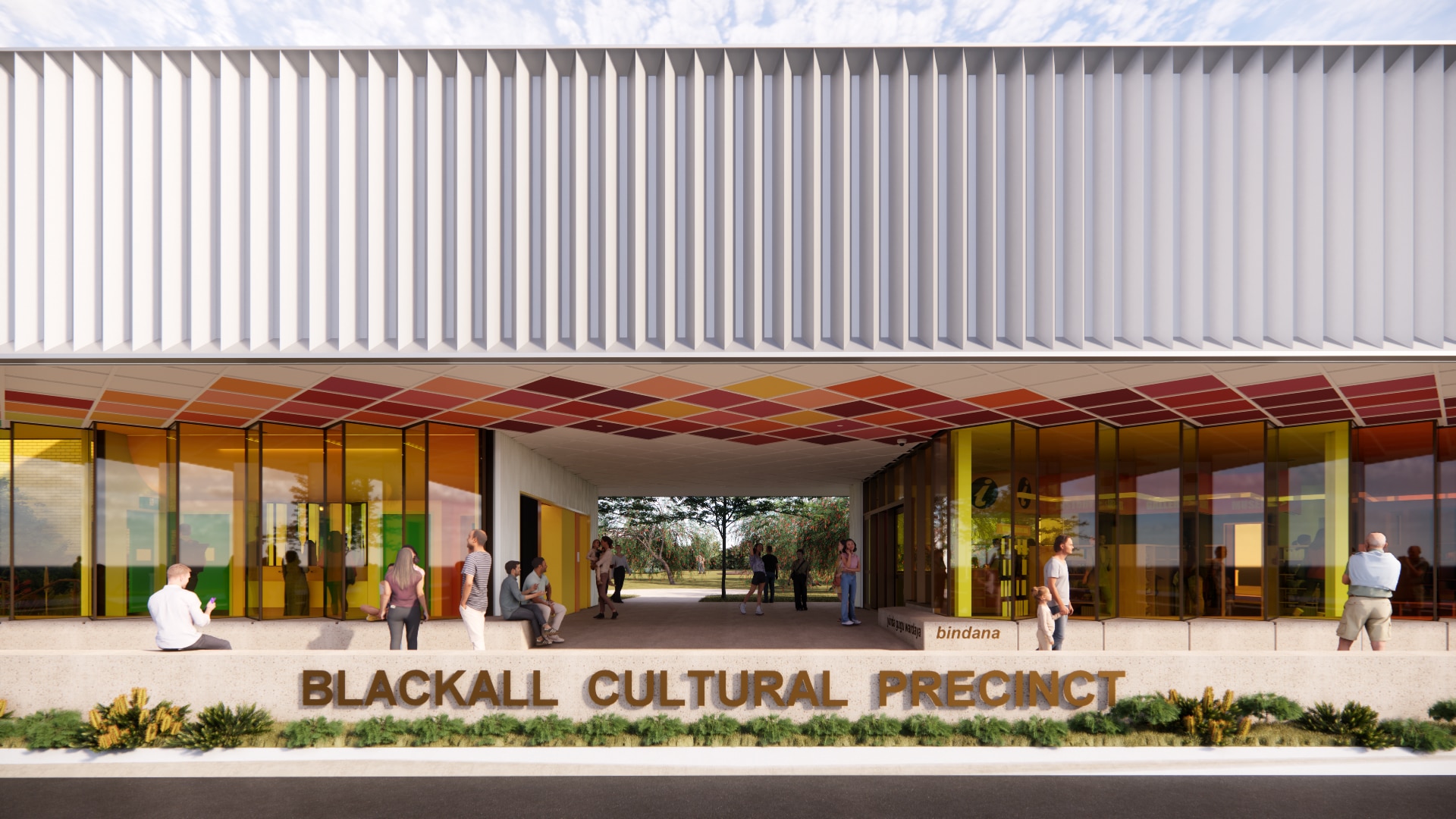A render of a building with a sign at the front reading "BLACKALL CULTURAL PRECINCT".