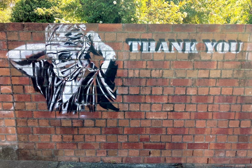 Stencil art near John Hunter Hospital in Newcastle by an anonymous artist depicts a healthcare worker