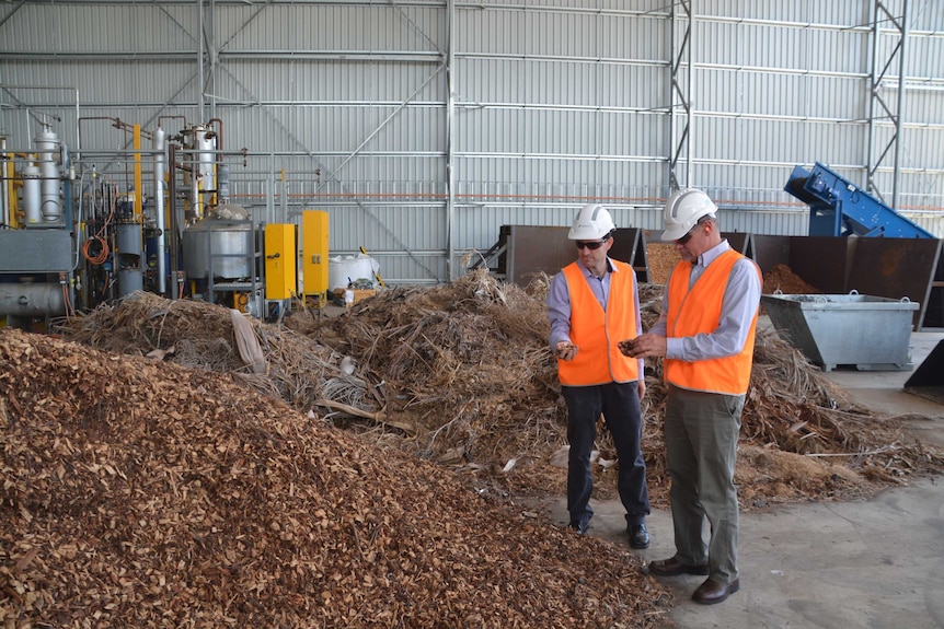 Two men in high-vis and hard hats stand in a shed looking at plant waste.