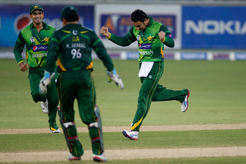 Ajmal celebrates key wicket