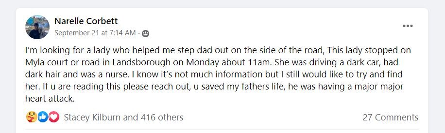 Social media post hoping to find the woman who helped her dad on the side of the road