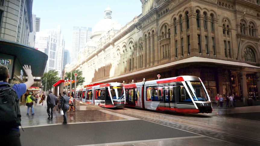 An artist's impression of the planned Sydney light rail near the QV building in the CBD.