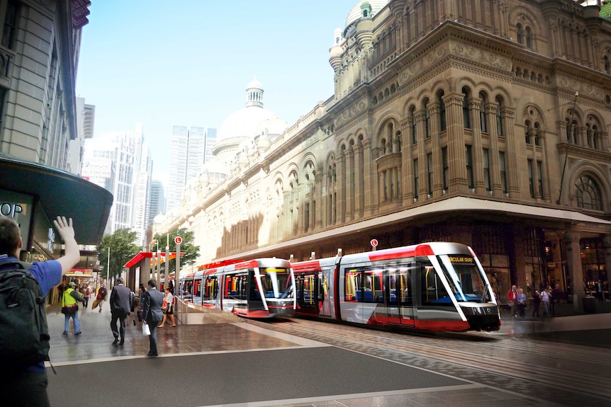 An artist's impression of the planned Sydney light rail near the QV building in the CBD.