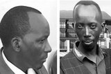 A black and white composite image of two African men with short hair, the man on the left hand side is in profile