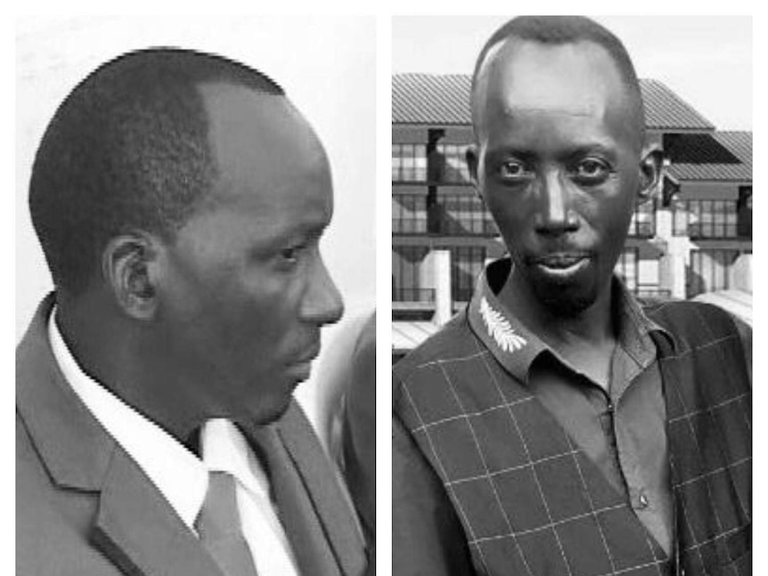 A black and white composite image of two African men with short hair, the man on the left hand side is in profile