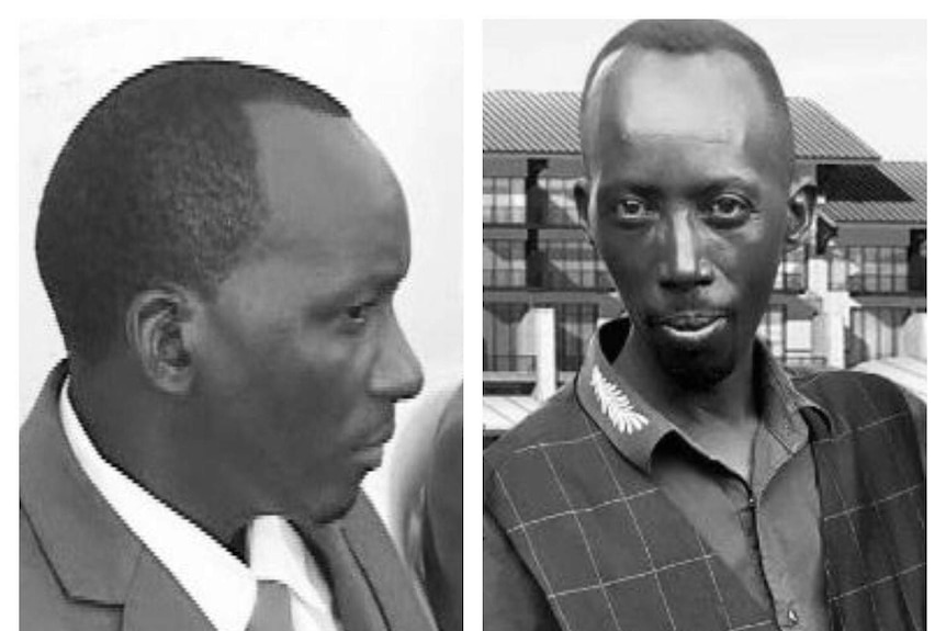 A black and white composite image of two African men with short hair, the man on the left hand side is in profile