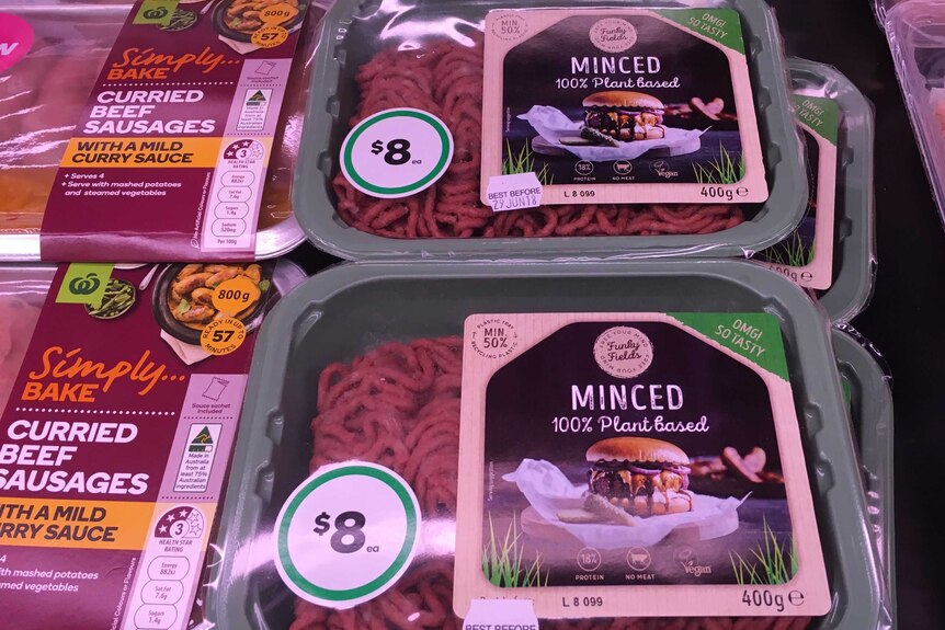 A close up of Funky Fields plant based 'mince' on the shelf in Katherine Woolworths