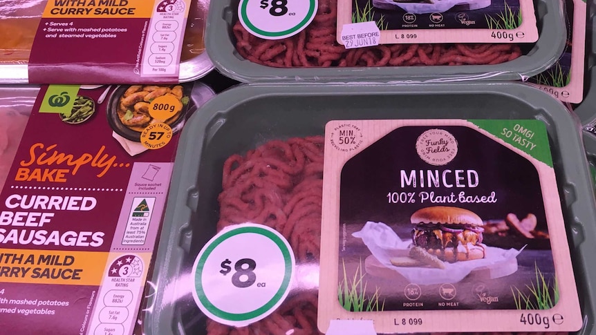 A close up of Funky Fields plant based 'mince' on the shelf in Katherine Woolworths
